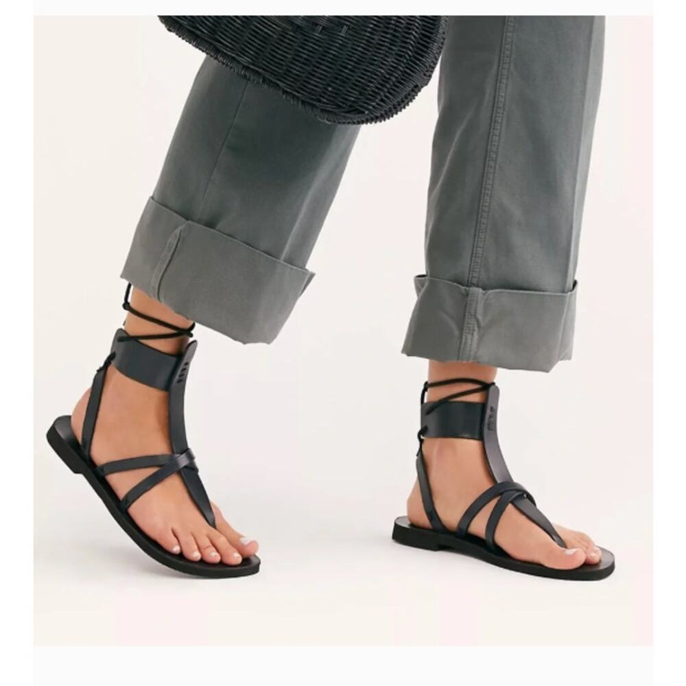 Free People Vacation Day Black Leather Wrap Boho Sandals Size 8.5